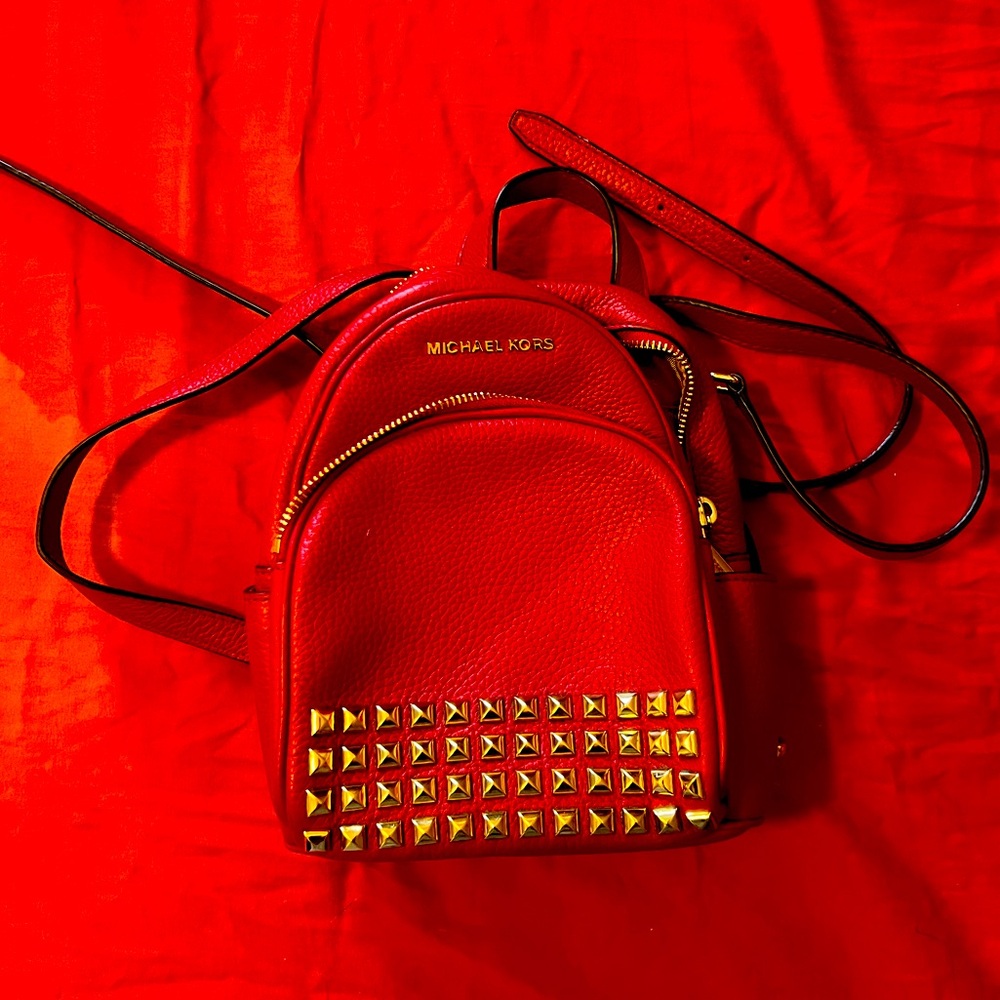 NWOT Michael Kors Abbey Extra Small Studded Red Leather Backpack
